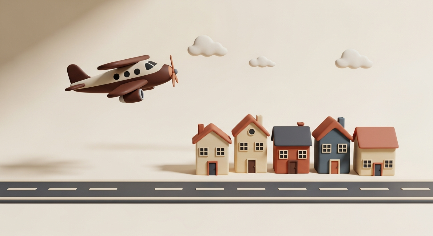 Clay airplane near suburban homes